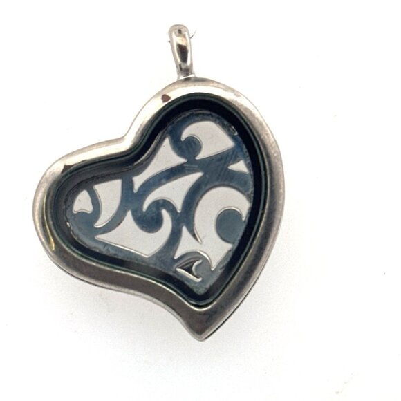 Estate Silver Tone Filigree Glass Heart Locket Pendant No Chain 10g Vintage - Picture 3 of 8
